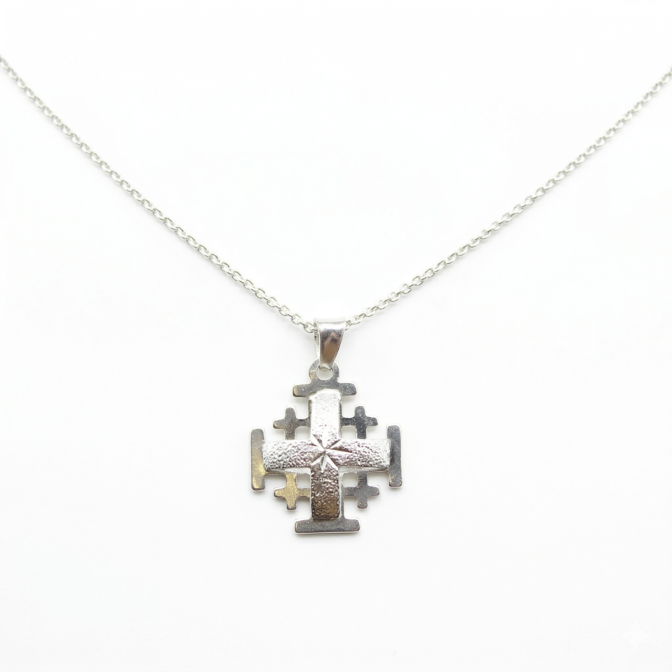 Silver Jerusalem Cross Necklace with Bethlehem Star (Dome-shaped)