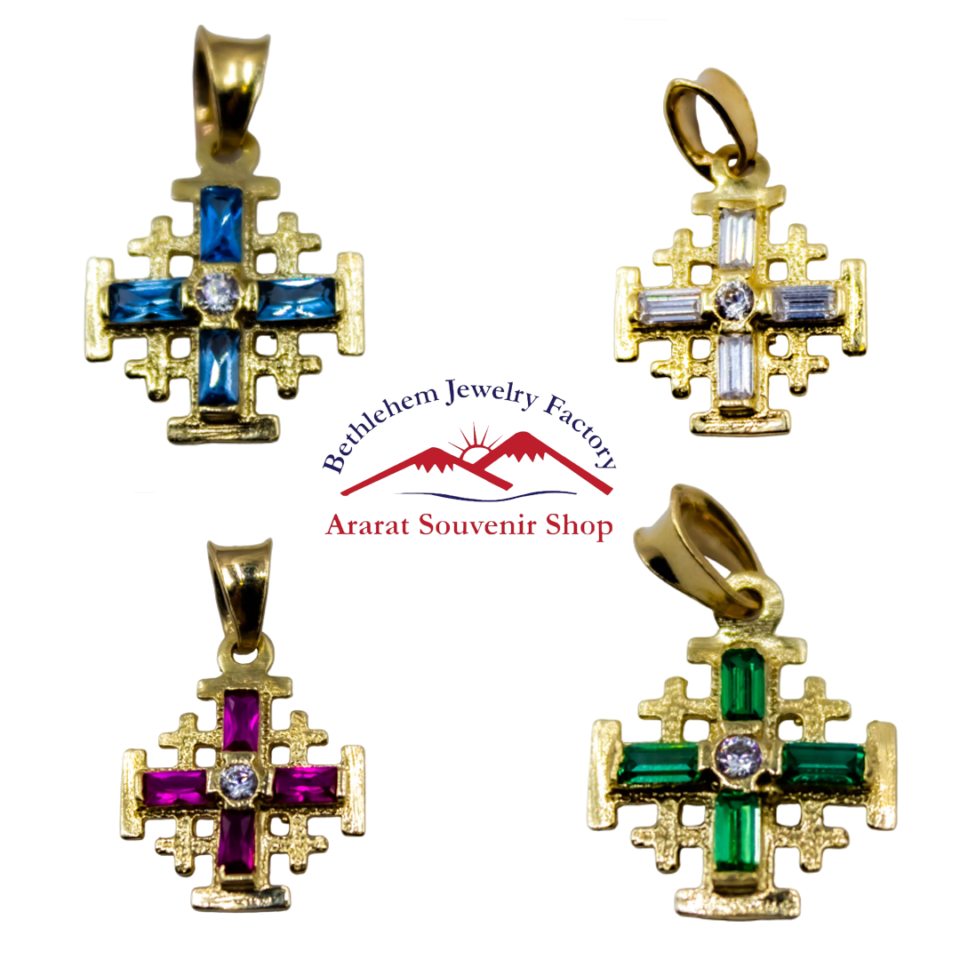 14K Gold Jerusalem Cross Pendants with CZs