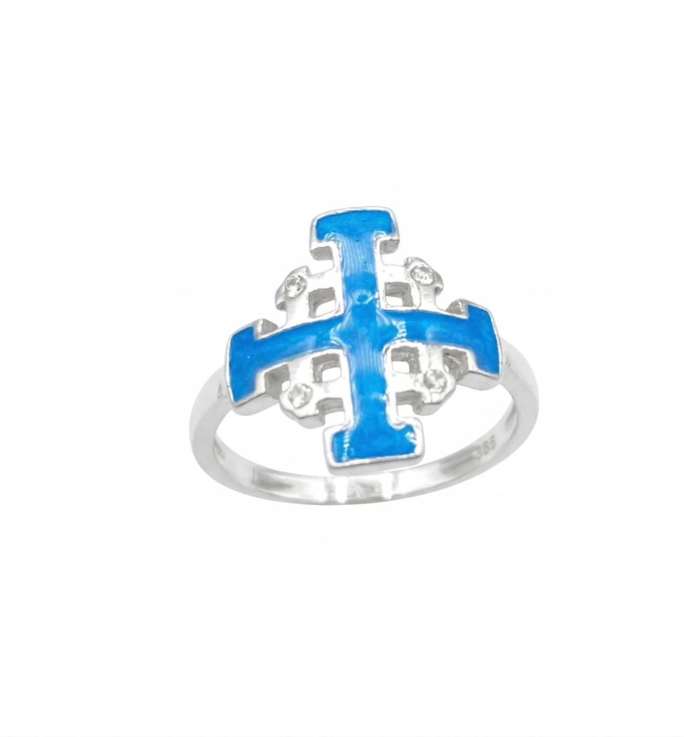 Jerusalem Cross With Blue Turquoise Enamel Ring