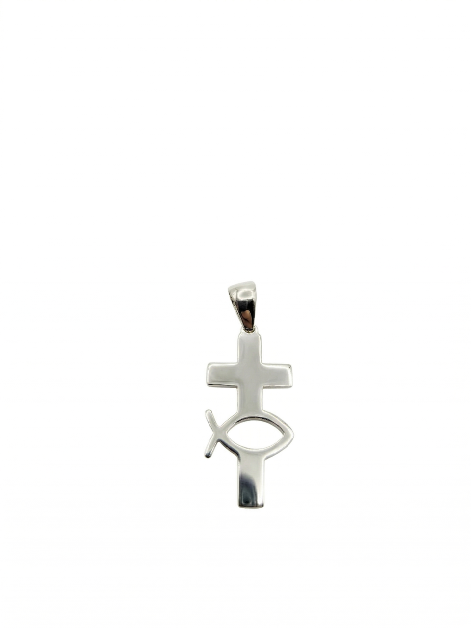 Modern Silver Ichthys Cross with Fish Pendant