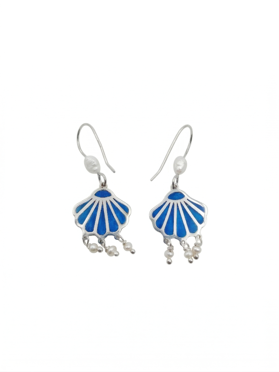 Handcrafted Blue Enamel & Pearl Shell Earrings